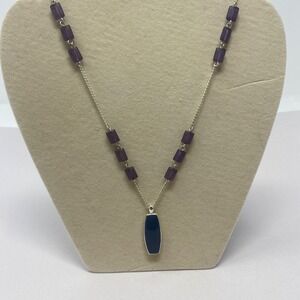 FI Marked Silver Tone Necklace Purple Beads Blue Cabochon Pendant 20" READ